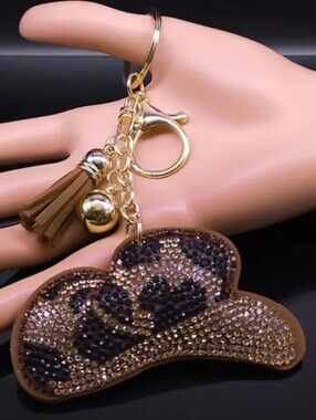 Western Cowgirl Hat Crystal Rhinestone Keychain Bag Charm With Tan Tassel